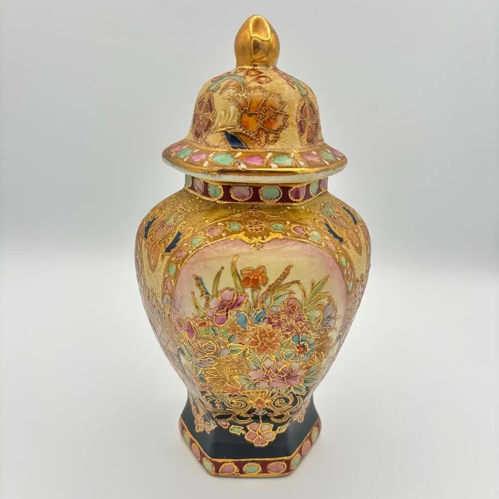 Vintage Satsuma Style Hexagonal Ginger Jar Lid Temple Urn Moriage Gold Floral